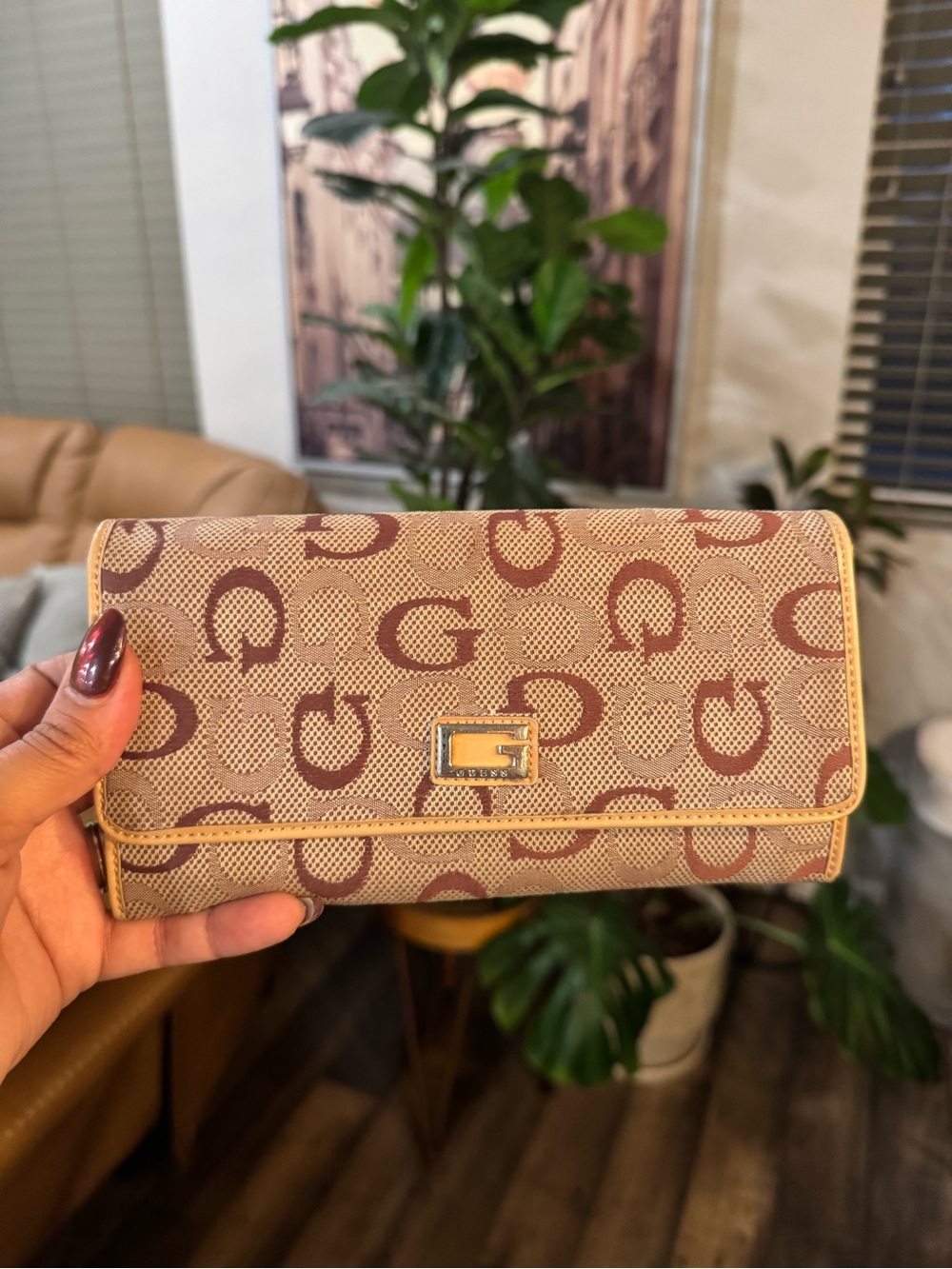 Guess Beige and Brown Monogram Fold-Over Wallet with Gold Accent